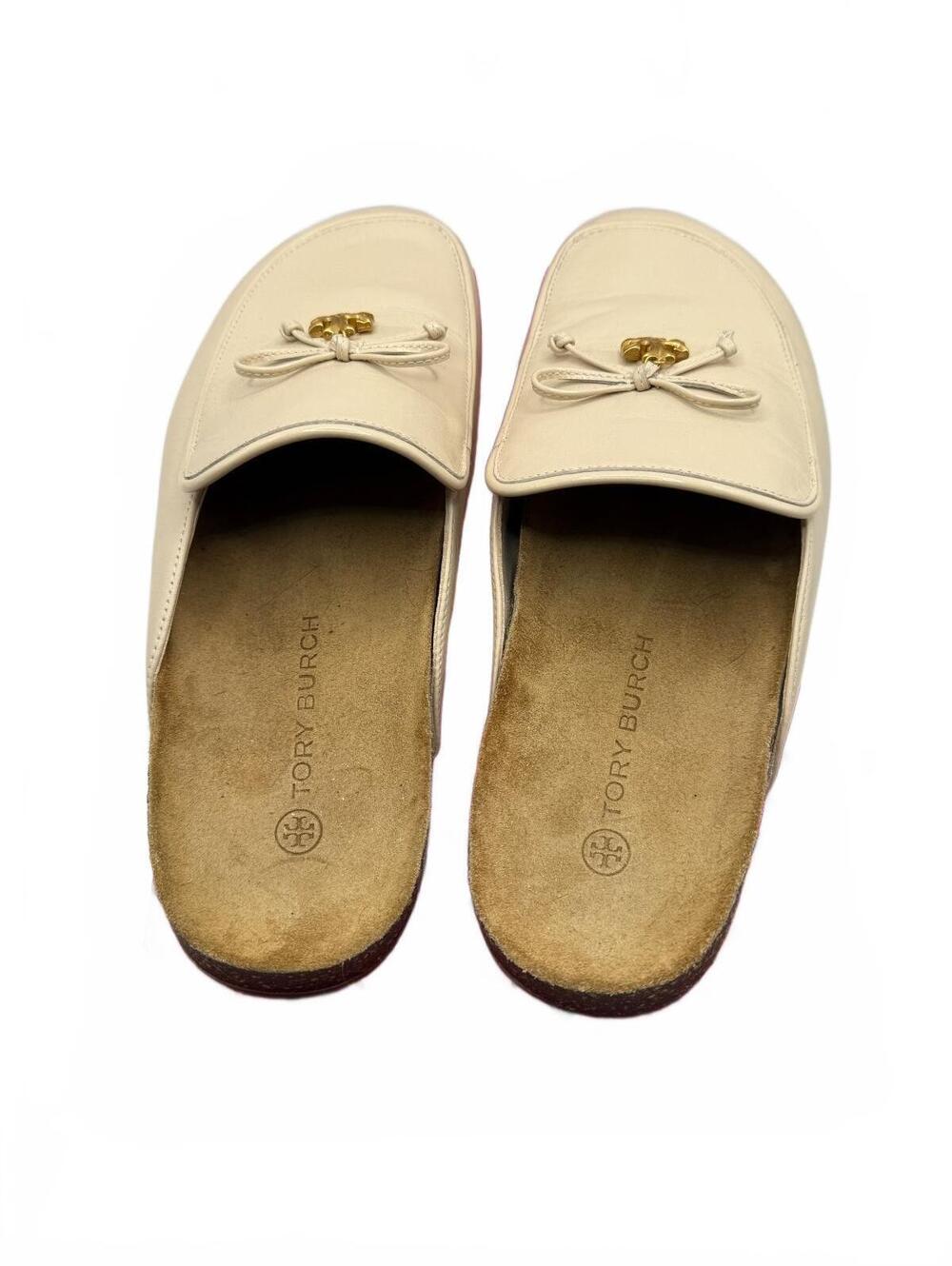 Tory Burch Ivory Leather Slip-On Mules with Gold Bow Accent - Picture 4 of 8